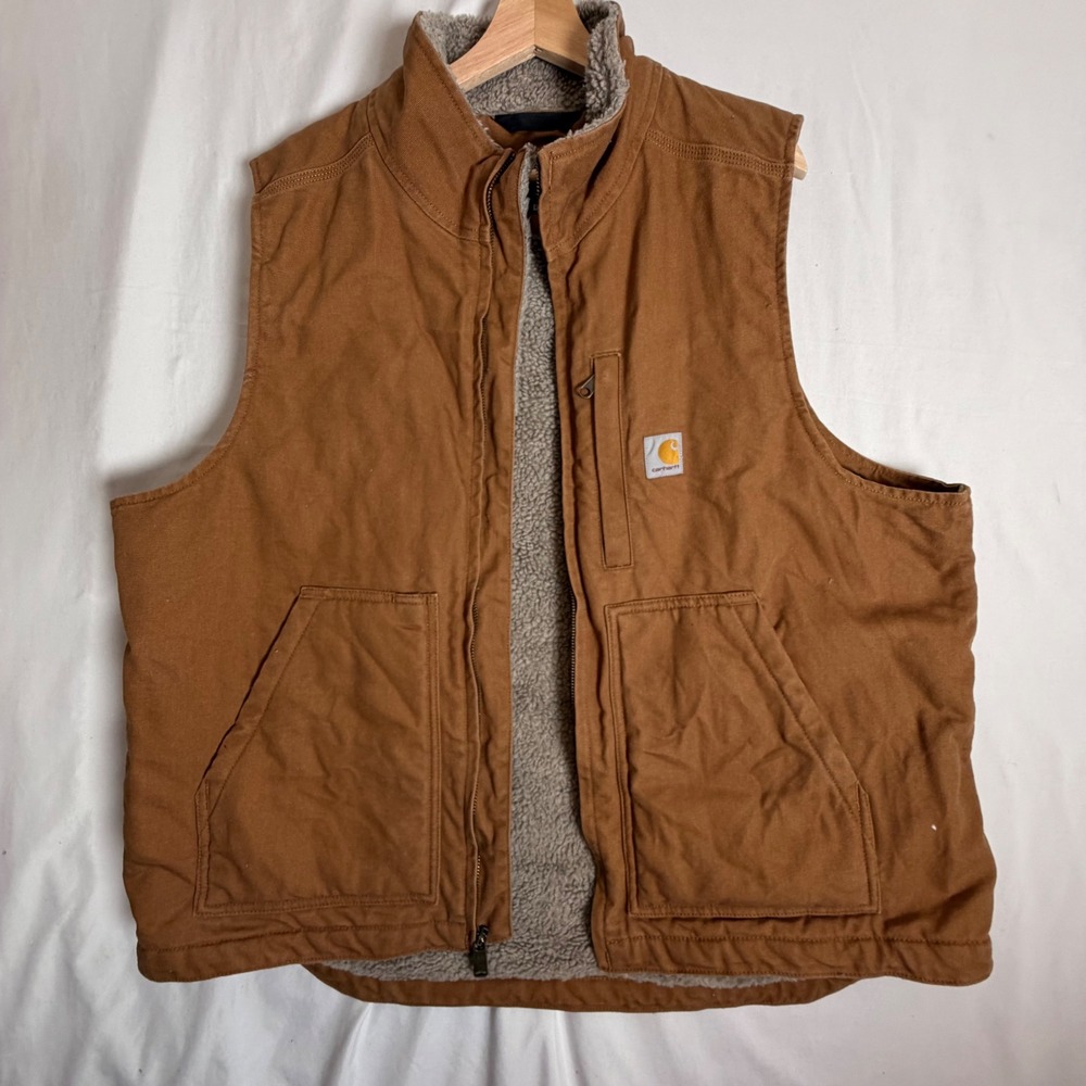 Carhartt Mock Neck Vest Large Brown Loose Fit Sherpa Lined Duck Canvas OV4277-M